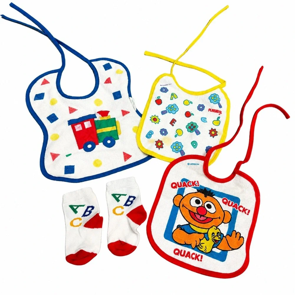 Vintage Baby Bib Lot Socks Unisex OS White‎ Multi Sesame Street Train Playskool